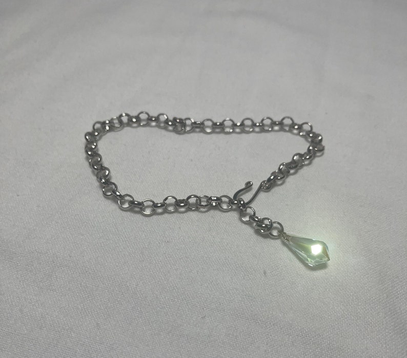 Silver Ankle Bracelet with Vintage Crystal Teardrop Charm on Silver Rolo Chain Adjustable to 10.5 Inches One of a Kind image 3