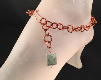 Natural Copper Ankle Bracelet with Ruby Fuchsite Gemstone Bead Charm Handmade Anklet  with Your Choice of Length and Clasp