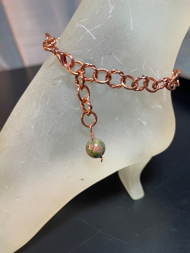 Copper Ankle Bracelet with Unakite Bead Charm in your Choice of Length and Clasp image 9