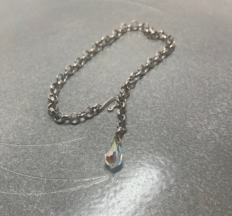 Silver Ankle Bracelet with Vintage Crystal Teardrop Charm on Silver Rolo Chain Adjustable to 10.5 Inches One of a Kind image 9