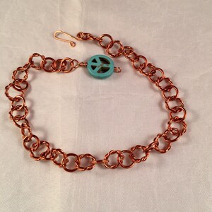 Copper Ankle Bracelet with Turquoise Peace Charm Adjustable With Your Choice of Length and Clasp zdjęcie 4