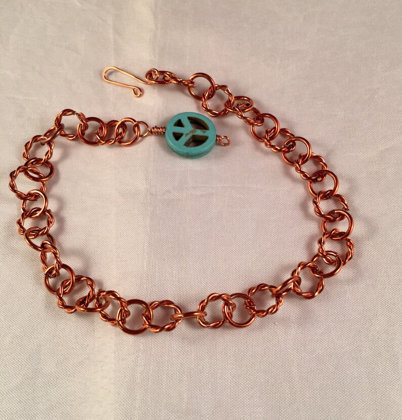 Copper Ankle Bracelet with Turquoise Peace Charm Adjustable With Your Choice of Length and Clasp zdjęcie 4