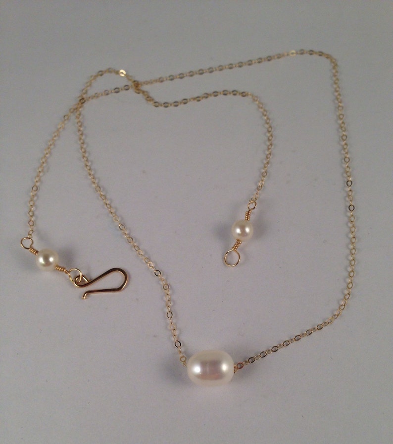 Floating Pearl Necklace on 14kt Gold Filled Chain with Wire Wrapped Pearls on Each End of Chain in your Choice of Length from 15 to 20 image 2
