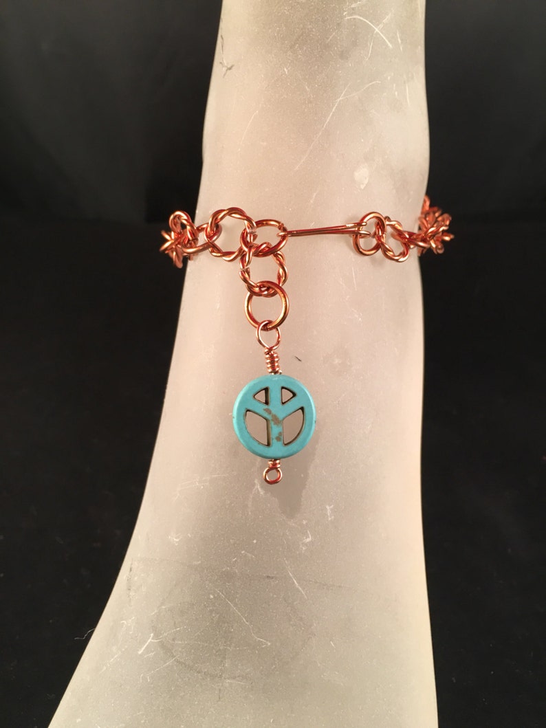 Copper Ankle Bracelet with Turquoise Peace Charm Adjustable With Your Choice of Length and Clasp zdjęcie 3