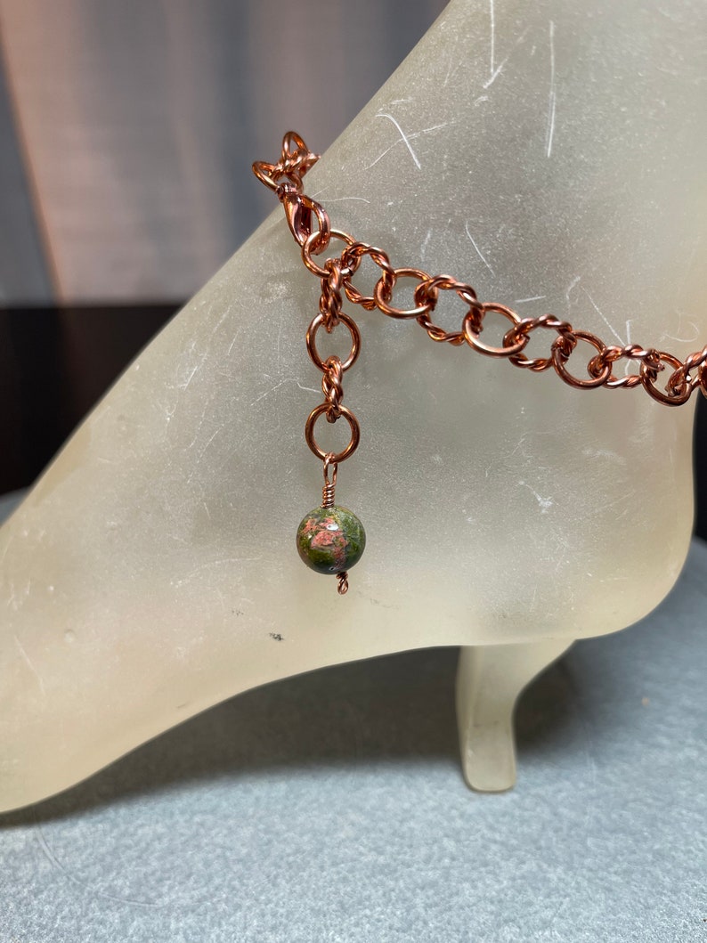 Copper Ankle Bracelet with Unakite Bead Charm in your Choice of Length and Clasp image 10