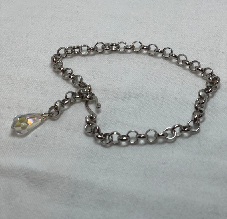 Silver Ankle Bracelet with Vintage Crystal Teardrop Charm on Silver Rolo Chain Adjustable to 10.5 Inches One of a Kind image 5