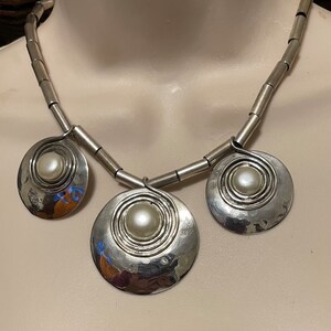 Vintage Sterling Silver Choker Necklace with Three Silver and Pearl Accent Beads 16.5 Inches Long image 2