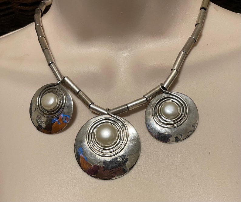 Vintage Sterling Silver Choker Necklace with Three Silver and Pearl Accent Beads 16.5 Inches Long image 2