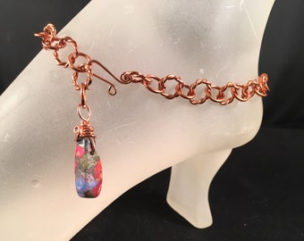 Copper Ankle Bracelet with Wire Wrapped Rainbow Variscite Bead Charm Adjustable Handmade Anklet With Your Choice of Clasp and Length