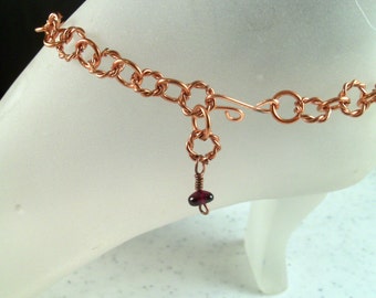 Natural Copper Ankle Bracelet with Garnet Nugget Bead Charm Adjustable Handmade Copper Anklet with Your Choice of Clasp and Length