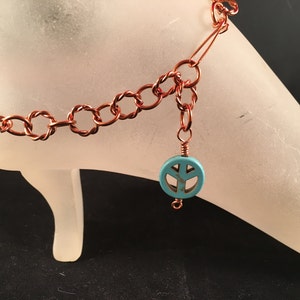 Copper Ankle Bracelet with Turquoise Peace Charm Adjustable With Your Choice of Length and Clasp zdjęcie 2