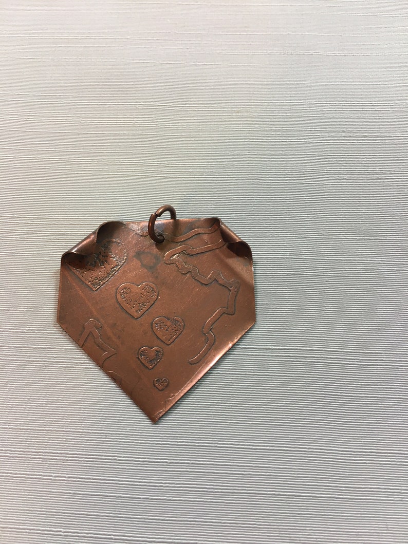 Copper and Brass Handmade Charms and Pendants Etched Copper and Brass Pendants Six Brass Heart Charms Copper Pendants with Cross and Hearts image 5