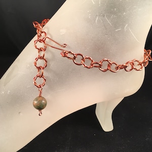 Copper Ankle Bracelet with Unakite Bead Charm in your Choice of Length and Clasp image 1