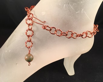 Copper Ankle Bracelet with Unakite Bead Charm in your Choice of Length and Clasp