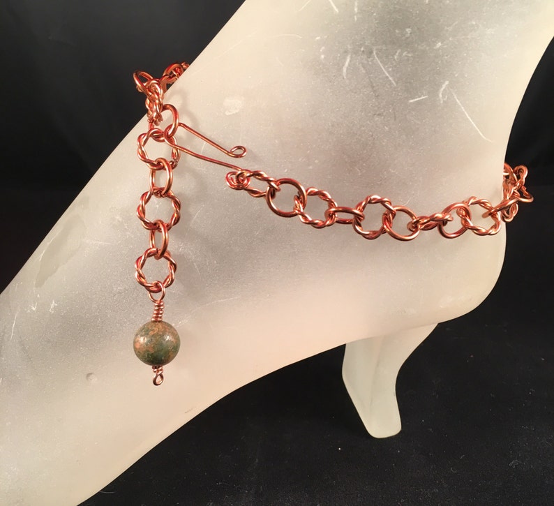 Copper Ankle Bracelet with Unakite Bead Charm in your Choice of Length and Clasp image 1