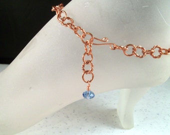 Natural Copper Ankle Bracelet with Blue Swarovski Crystal Bead Charm Adjustable Handmade Anklet With Your Choice of Clasp and Length