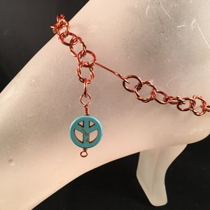 Copper Ankle Bracelet with Turquoise Peace Charm Adjustable With Your Choice of Length and Clasp image 1