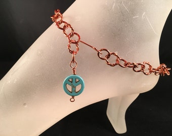 Copper Ankle Bracelet with Turquoise Peace Charm Adjustable With Your Choice of Length and Clasp