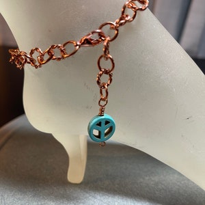 Copper Ankle Bracelet with Turquoise Peace Charm Adjustable With Your Choice of Length and Clasp image 10
