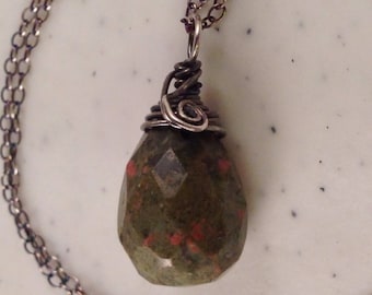 Unakite Pendant Wrapped in Antique Sterling Silver 1 inch long on Antiqued 18 Inch Sterling Silver Chain Previously 32 Dollars ON SALE