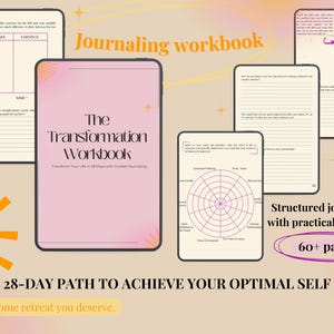 Op de afbeelding: Een roze en witte digitale journal cover met de tekst "The Transformation Workbook" en "28-Day Path to Achieve Your Optimal Self". De cover bevat ook de tekst "Journaling Workbook" en "the at home retreat you deserve."