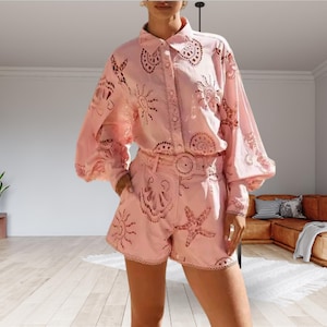 Loose Two Piece Sets for Women Lapel Long Sleeves Spliced Single Breasted Top Patchwork Hollow Out Short Set Female
