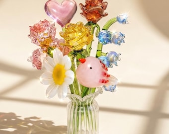 Glass Birth Month Flower - Eternal Birth Flower Bouquet, Hand Blown Glass Art, Unique Birthday Gift, Everlasting Floral Desk Decoration