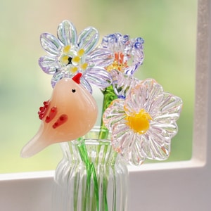 Glass Birth Month Flower & Birds, Birth Flower Gift, Hand Blown Spring Flower, Glass Flower Bouquet, Gift For Her, Birthday Gift