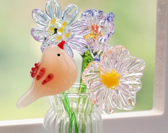 Fleurs du mois de naissance et oiseaux en verre, cadeau fleur de naissance, fleur de printemps soufflée à la main, bouquet de fleurs en verre, cadeau pour elle, cadeau d'anniversaire