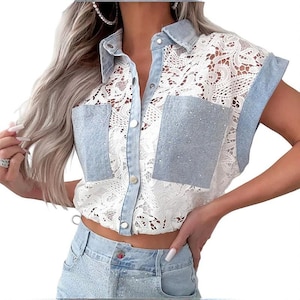 Sparkly Lace Denim Two-Piece Set: Crop Top & Wide-Leg Jeans