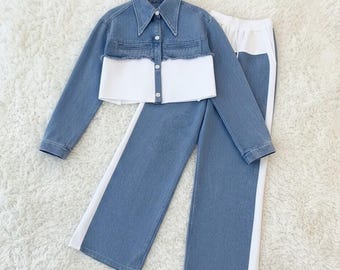 Fashionable Two-Piece Denim Set – High-Waisted Wide-Leg Pants & Casual Matching Blouse
