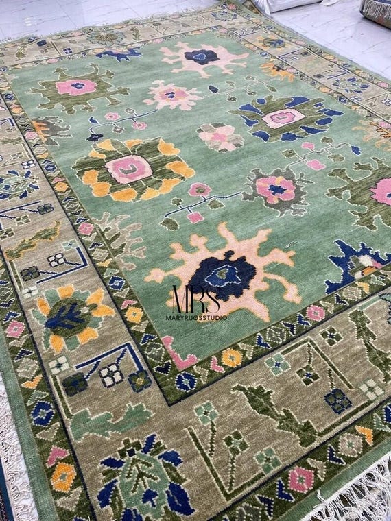 Handwoven Wool Oushak Rug: Pastel Floral, Boho Home Decor