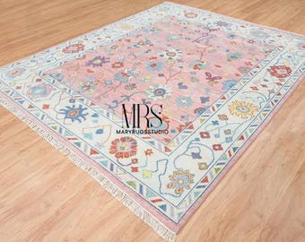 Handmade Turkish Oushak Wool Rug | Pink Ivory Floral, Vintage Style