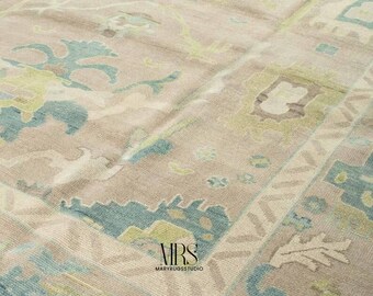 Handwoven Wool Oushak Rug | Beige, Blue & Green Boho Decor