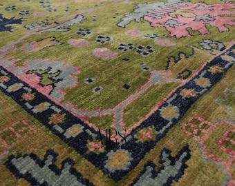 Handmade Wool Oushak Rug | Olive Green, Pink & Navy Floral Turkish Carpet