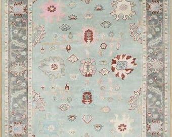Hand Knotted Oushak Wool Rug: Aqua Blue Floral, 9x12