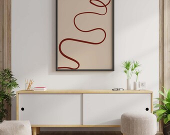 Abstract Red Curve Line Art Print: Modern Minimalist Decor (Digital PDF Download