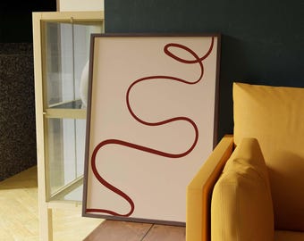 Abstract Red Curve Line Art Print: Modern Minimalist Decor (Digital PDF Download