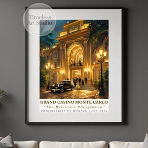 Póster vintage del Casino de Montecarlo: arte mural de póker art déco, decoración de juegos de azar, impresión para la cueva del hombre, letrero para una noche de casino, regalo para jugadores de cartas.