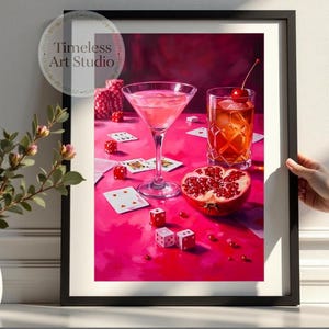 Poker Night Cocktail Wall Art | Vintage Casino Bar Cart Décor | 1980s Glamorous Game Room Print | High-Stakes Poker Scene | Cocktails & Dice