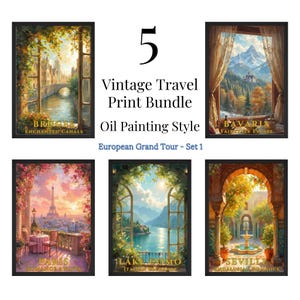 May include: Set of five vintage travel prints in an oil painting style. The prints feature scenes from Bruges, Bavaria, Paris, Lake Como, and Seville. Each print has a title and a short description.