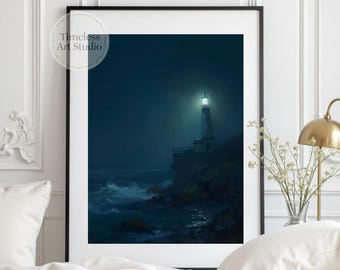 Edward Hopper Style Lighthouse Print | Foggy Night Realism Painting | American Realist Digital Download | Hopper Poster | Printable Wall Art
