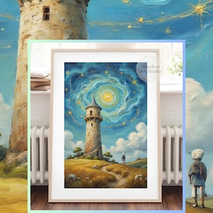 Niño con casco de astronauta y torre / Impresión de cielo soleado de Van Gogh, descarga digital, póster inspirado en Rapunzel, decoración de pared de fantasía de ensueño