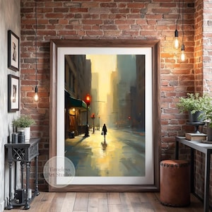 May include: A painting depicting a city street scene with a woman walking along the street. The street is lined with buildings and there are trees in the background. The painting is executed in a realistic style and the colours are muted.