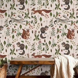 Carta da parati con animali del bosco, murale con animali della foresta, arredamento Cottagecore
