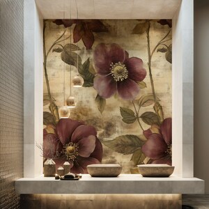 Carta da parati murale floreale con rose bordeaux senza soluzione di continuità – Decorazione murale botanica vintage