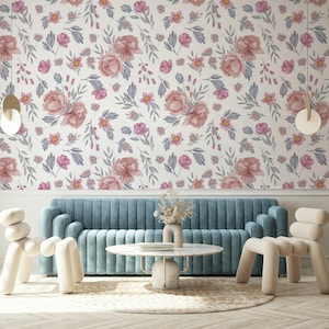 Carta da parati murale rimovibile con motivo floreale rosa acquerello e rose / Decorazione per cameretta dei bambini in stile cottagecore, dimensioni personalizzate