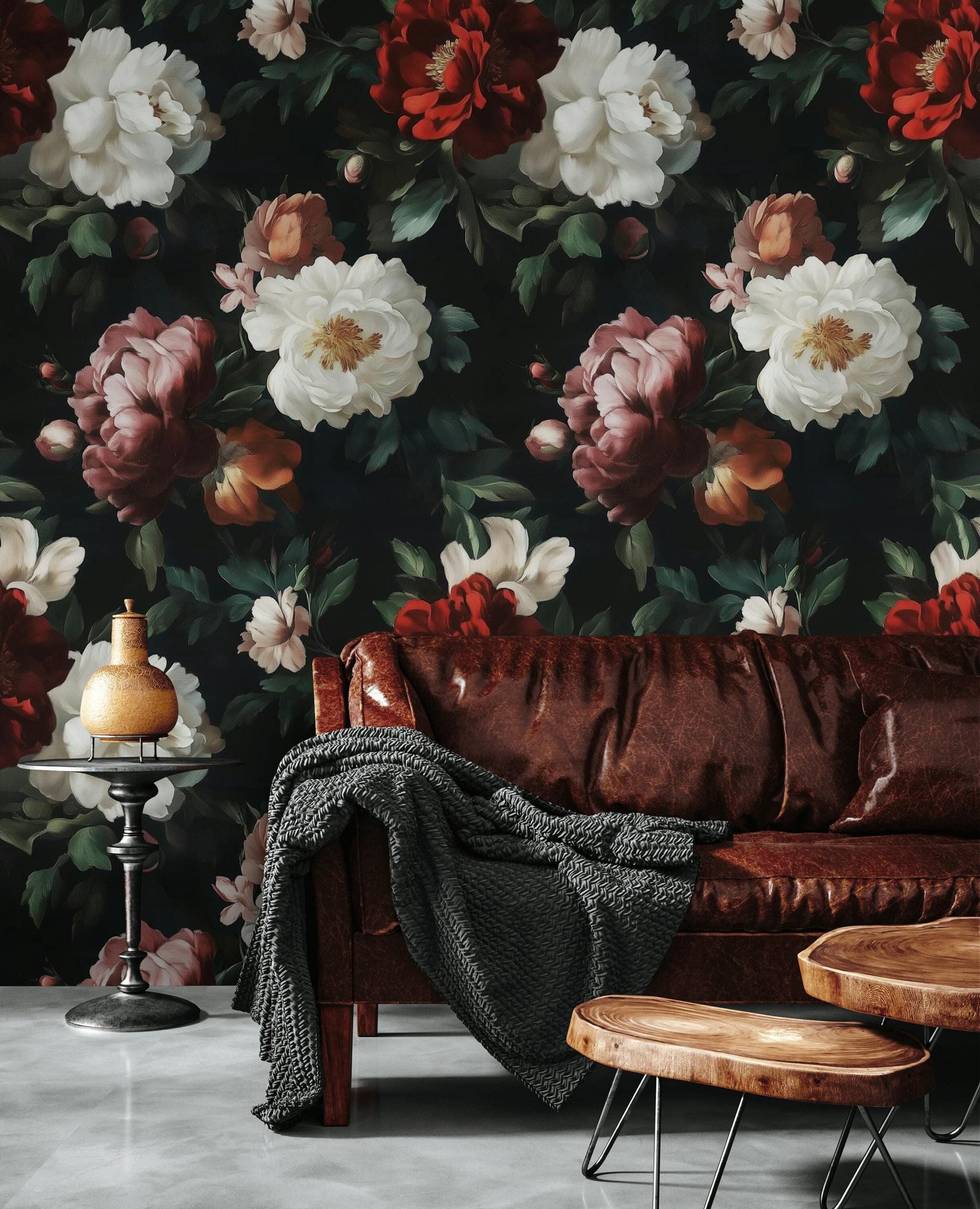 Dark Floral Peony Wallpaper, Bold Peony Wall Mural, Dramatic Vintage ...