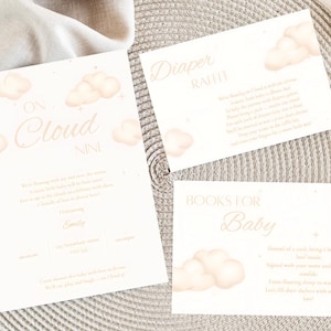 On Cloud Nine Baby Shower Invitation – Gender Neutral Printable Template with Diaper Raffle & Books for Baby Inserts.