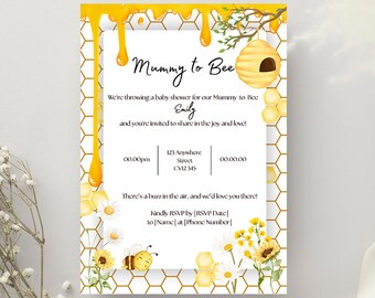 May include: A yellow and white baby shower invitation with a honeycomb pattern and a bee illustration. The text reads "Mummy to Bee" and includes the name "Emily".
